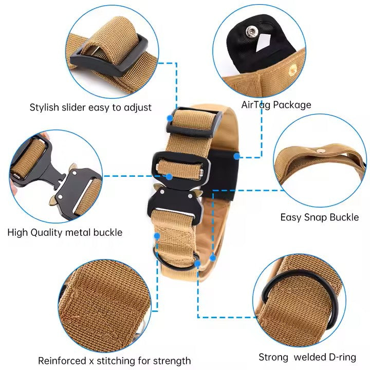 Tactical Dog Collar with Harness, Handle & AirTag Holder Pocket